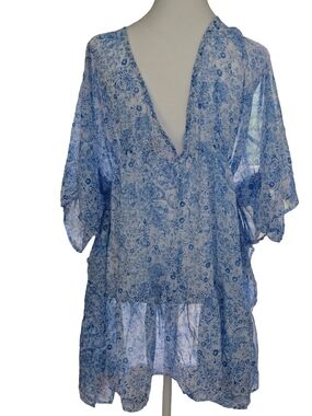 Time and Tru Blue and White Floral Swim Coverup
